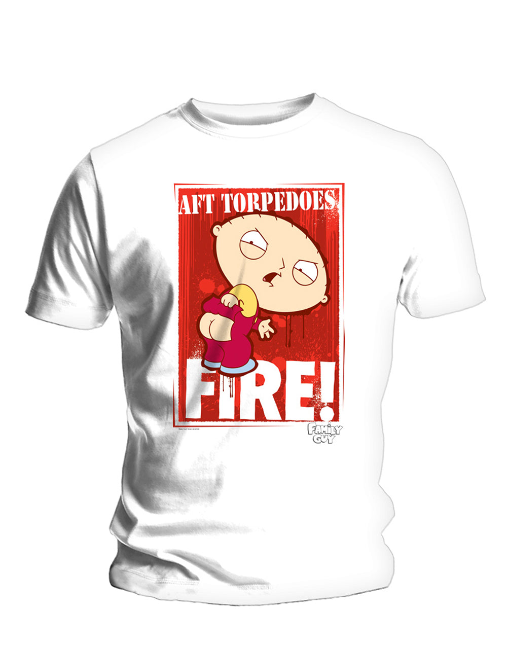 Family Guy Stewie torpedoes graphic on a white adult t-shirt.