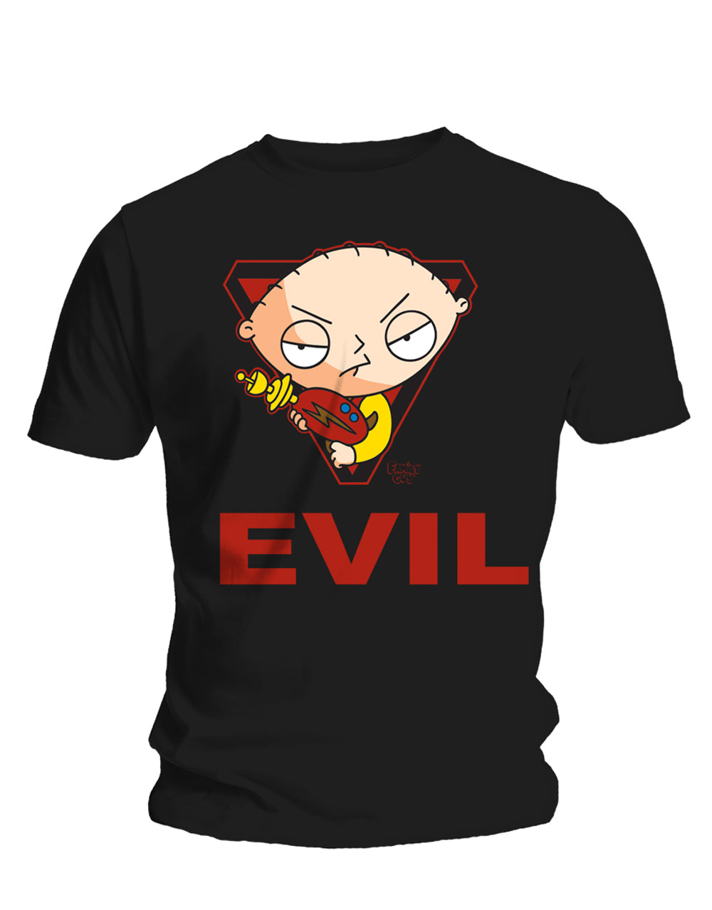 Family Guy Stewie evil graphic on a black adult t-shirt.