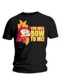 Family Guy Stewie bow to me graphic on a black adult t-shirt.