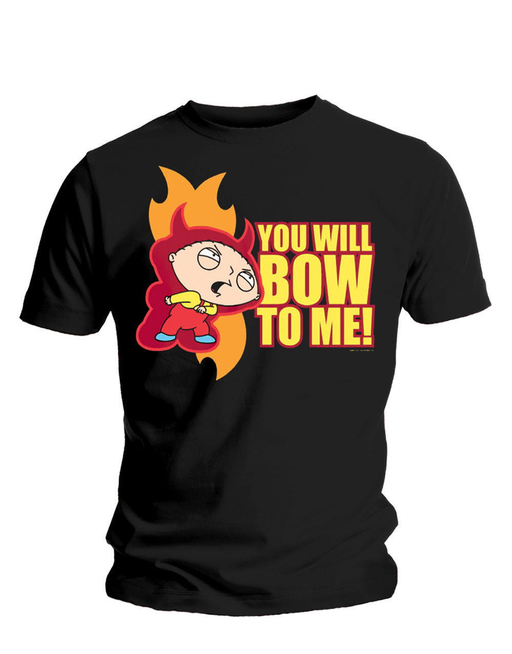 Family Guy Stewie bow to me graphic on a black adult t-shirt.