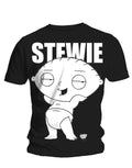 Family Guy Stewie pants graphic on a black adult t-shirt.