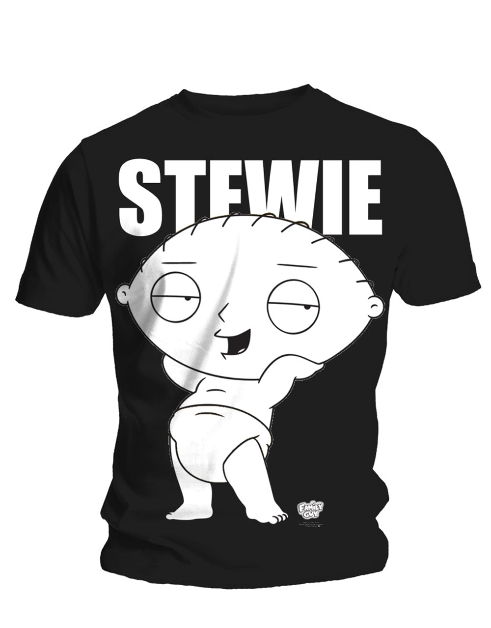 Family Guy Stewie pants graphic on a black adult t-shirt.