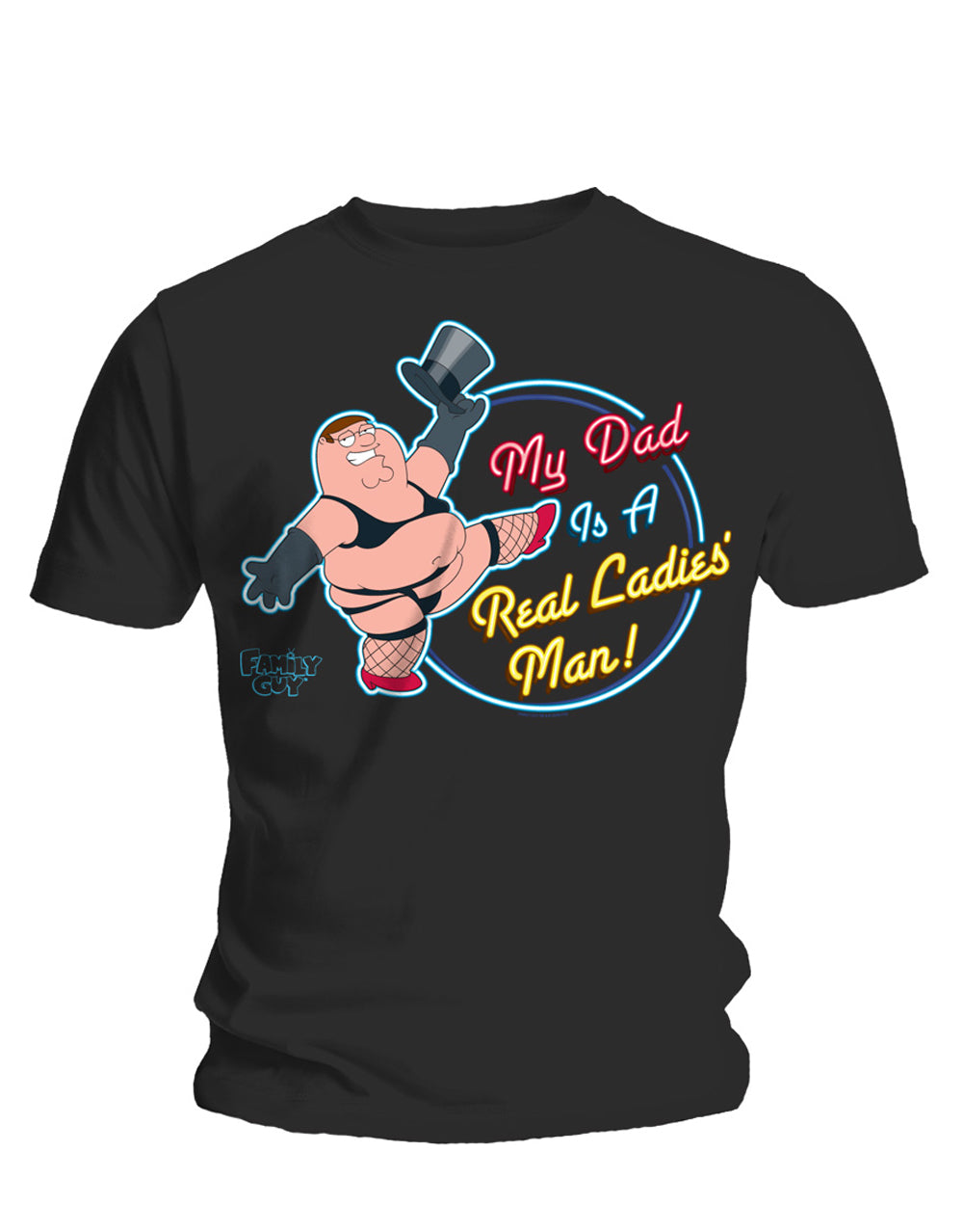 Family Guy real ladies man graphic on a black adult t-shirt.