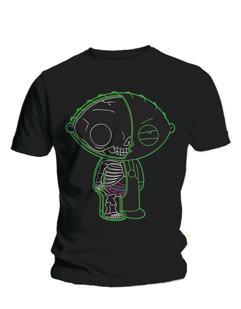 Family Guy Stewie X ray graphic on a black adult t-shirt.