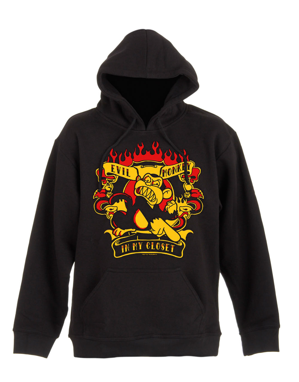 Family Guy monkey tattoo graphic on a black adult hoodie.