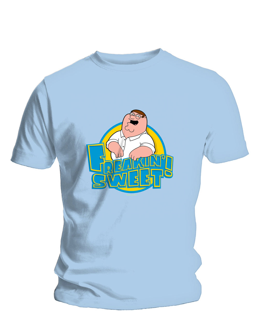 Family Guy freakin sweet graphic on a light blue adult t-shirt.