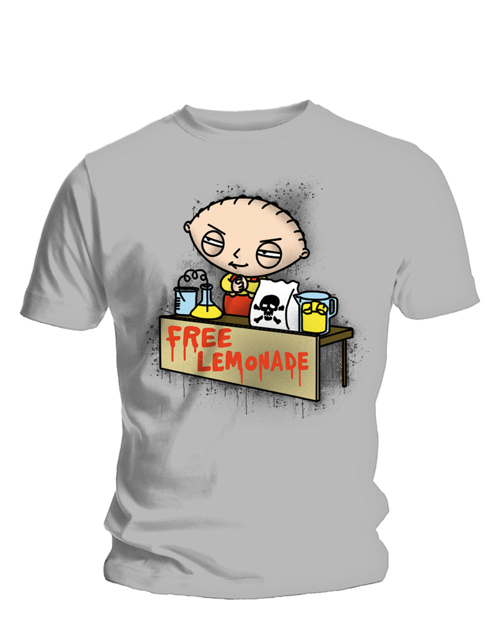 Family Guy Stewie free lemonade graphic on a grey adult t-shirt.
