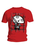 Family Guy Stewie anarchy graphic on a red adult t-shirt.