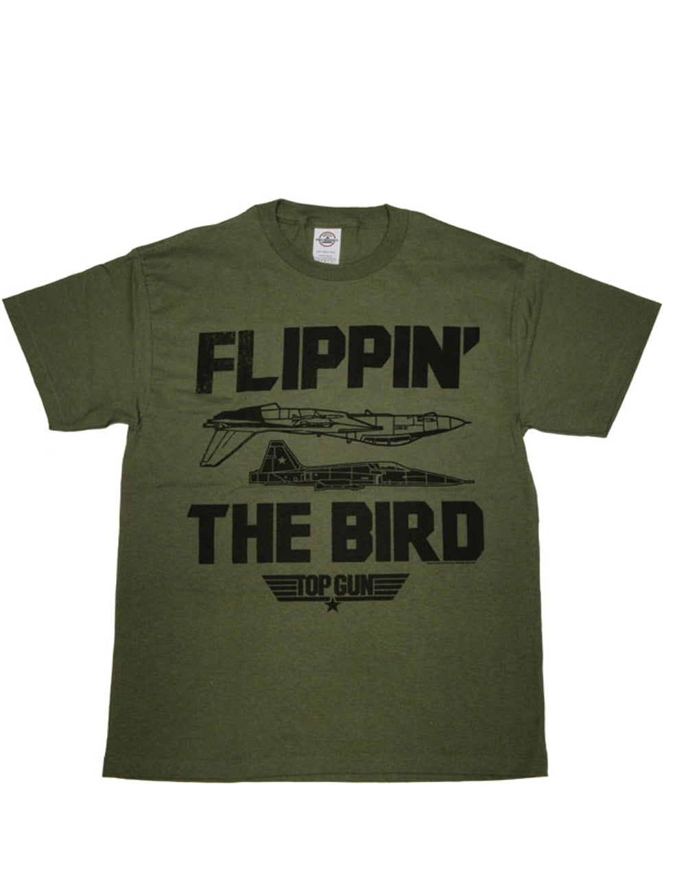 Top Gun flippin the bird graphic on a green adult t-shirt.