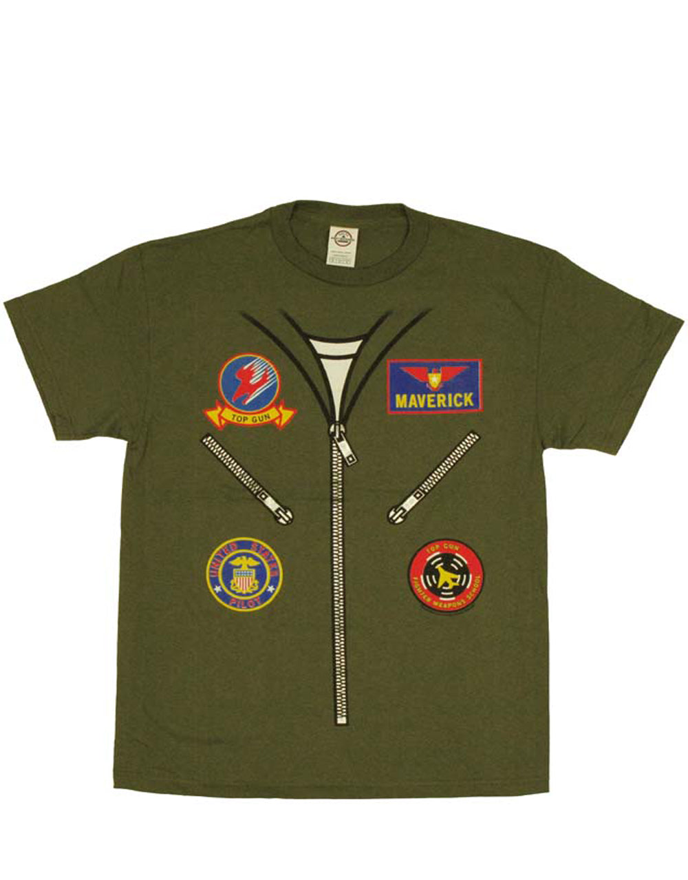Costume flightsuit graphic on a green adult t-shirt.