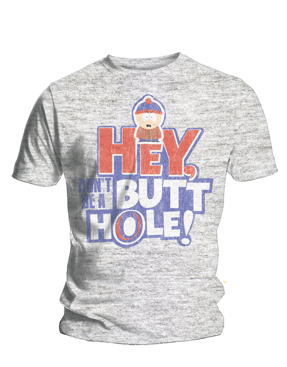 South Park butt hole graphic on a light grey adult t-shirt.