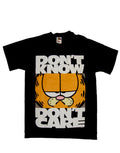 Garfield don't care graphic on a black adult t-shirt.