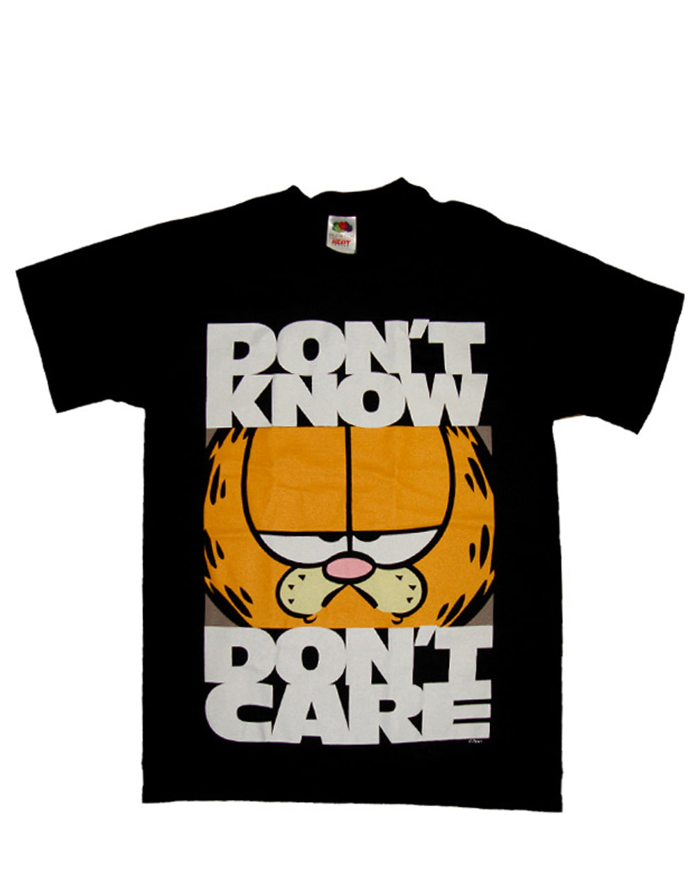 Garfield don't care graphic on a black adult t-shirt.