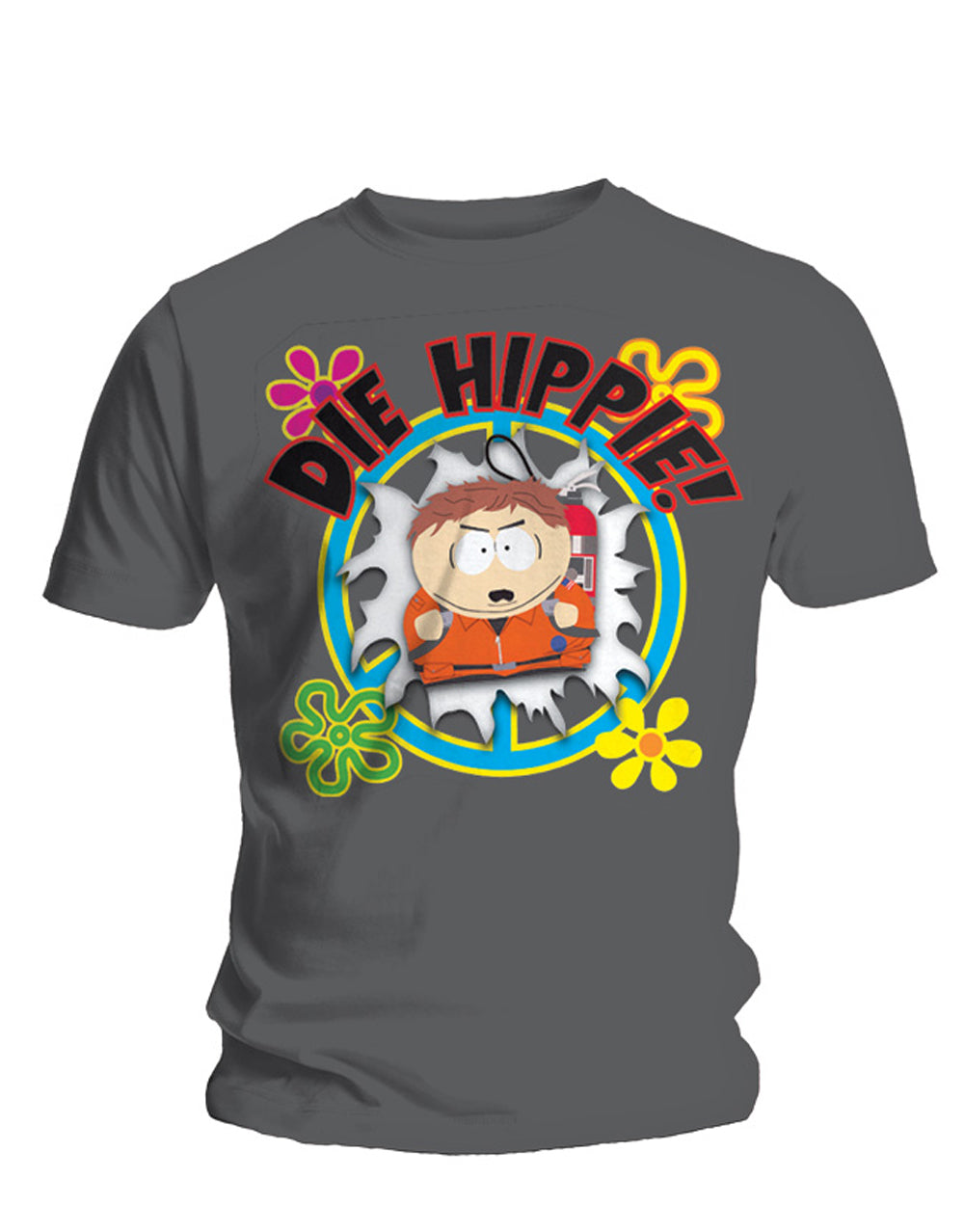 South Park die hippie graphic on a dark grey adult t-shirt.