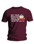 South Park bitches graphic on a maroon adult t-shirt.