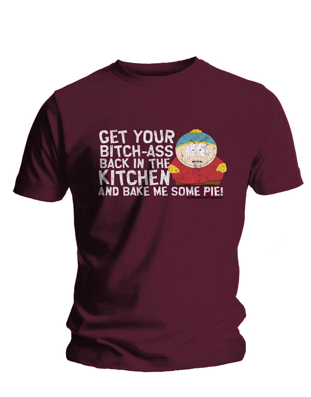 South Park bitches graphic on a maroon adult t-shirt.