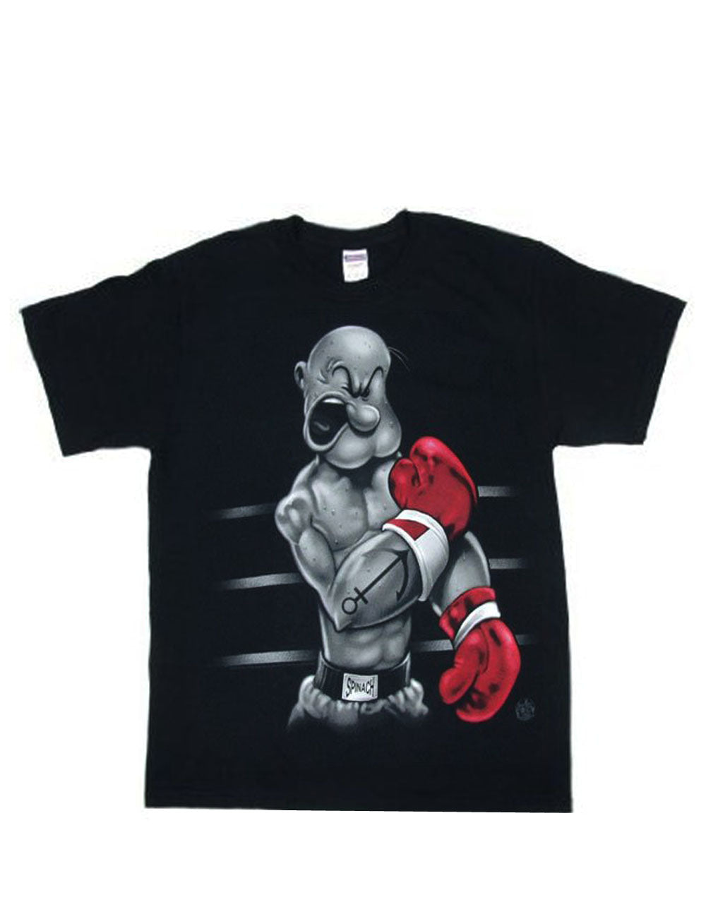 Popeye knockout punch graphic on a black adult t-shirt.