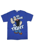 Popeye tight game graphic on a blue adult t-shirt.