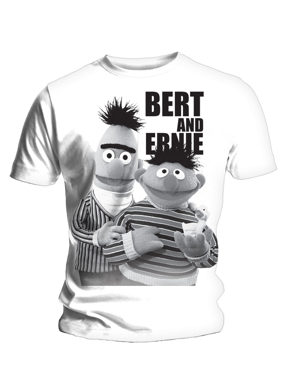 Sesame Street Bert and Ernie graphic on a white adult t-shirt.