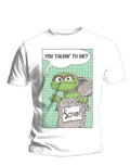Sesame Street you talkin to me graphic on a white adult t-shirt.