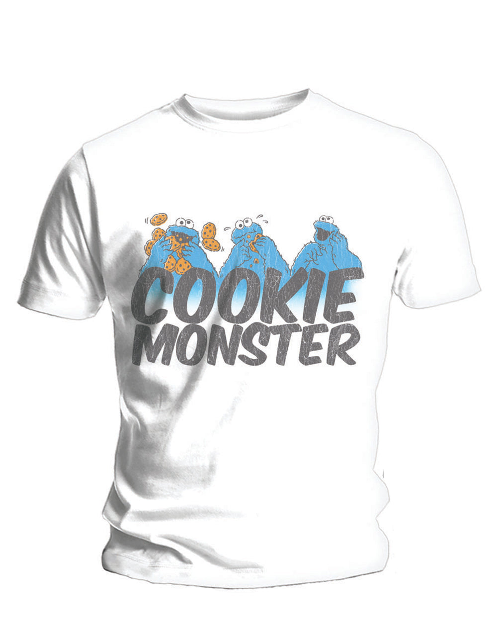 Sesame Street Cookie triptych graphic on a white adult t-shirt.