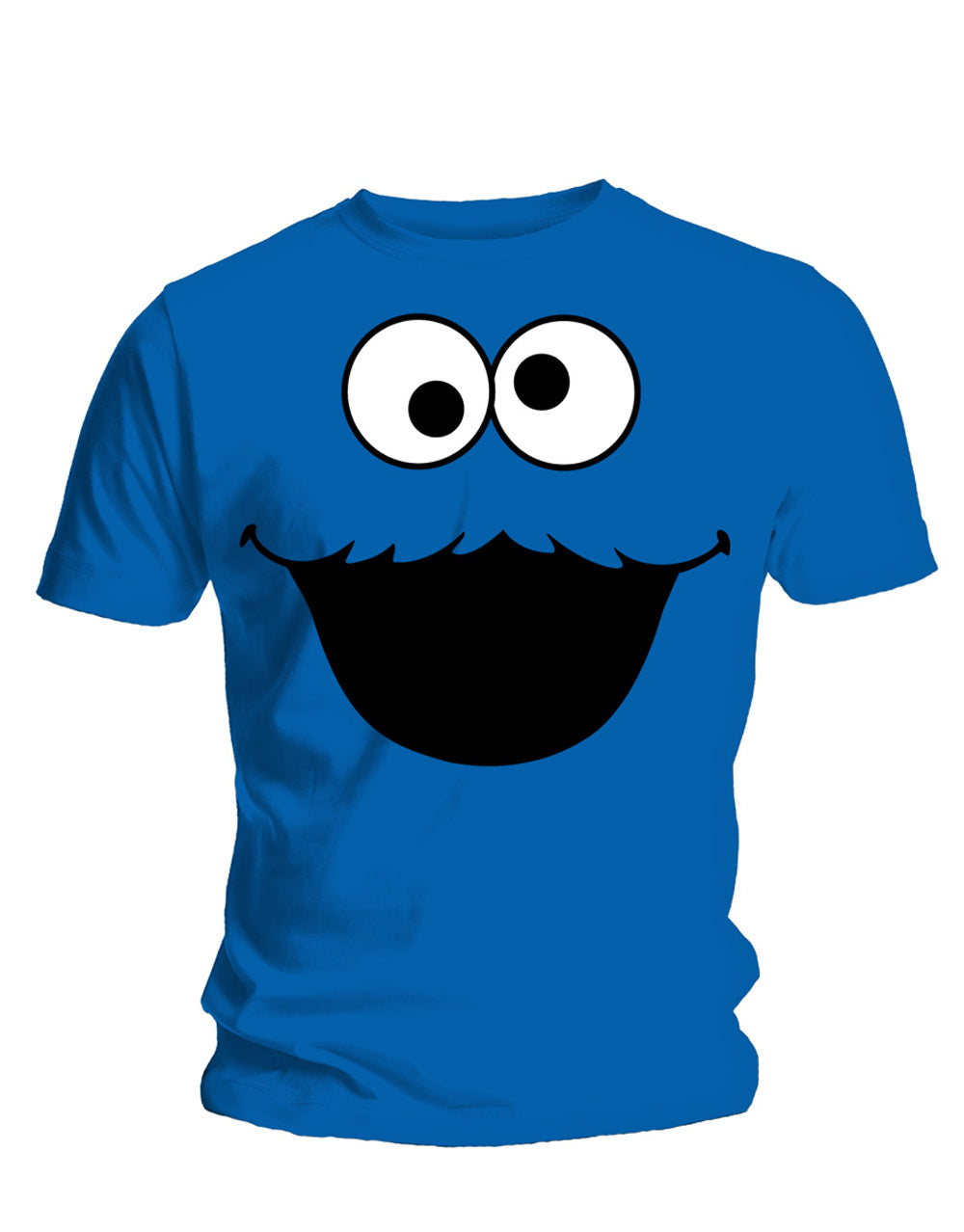 Sesame Street Cookie Monster face head graphic on a blue adult t-shirt.