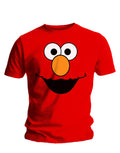 Sesame Street Elmo face graphic on a red adult t-shirt.