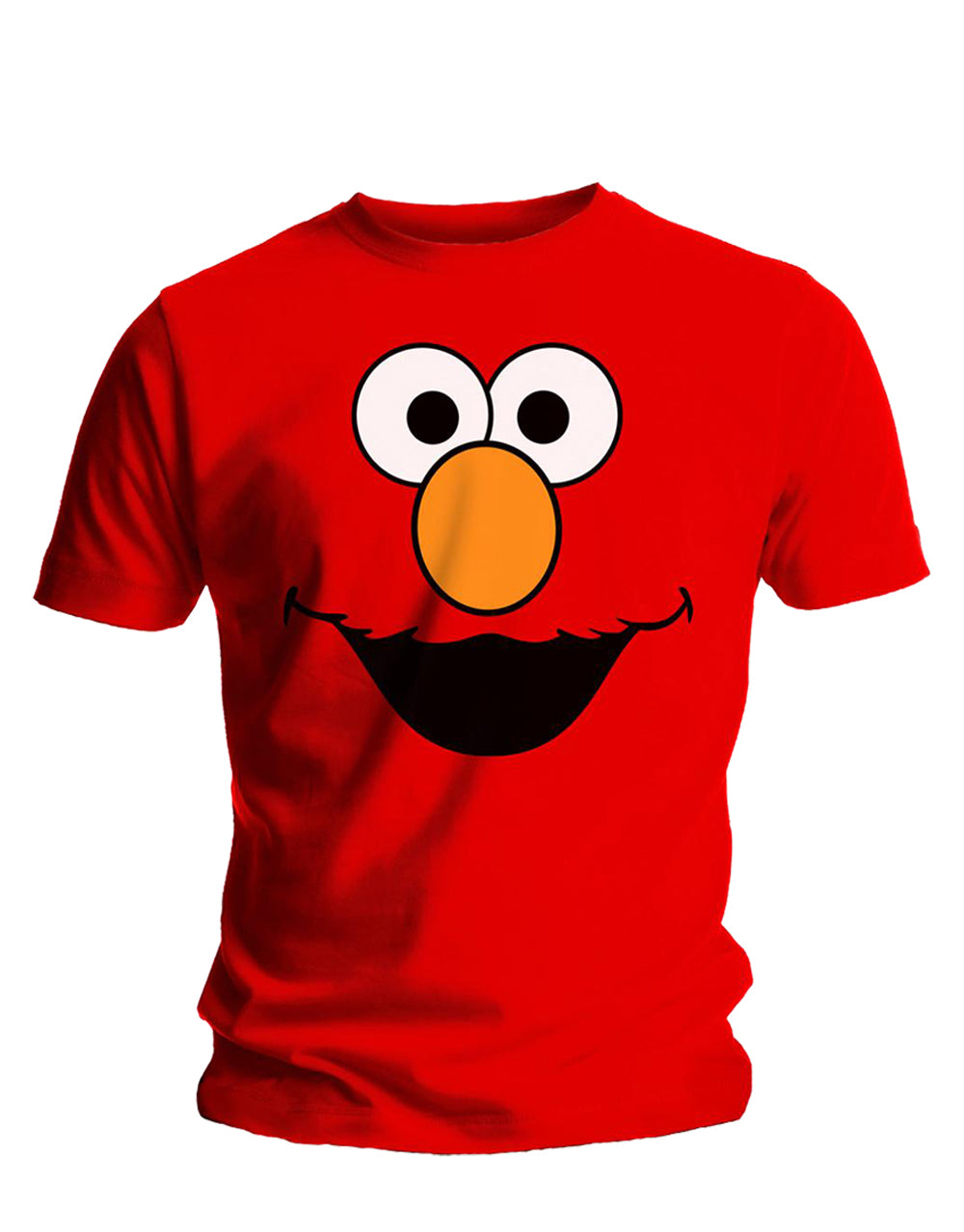 Sesame Street Elmo face graphic on a red adult t-shirt.