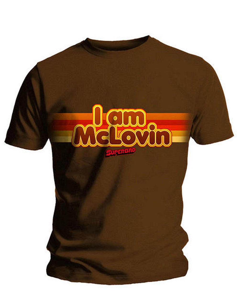 Superbad McLovin graphic on a brown adult t-shirt.