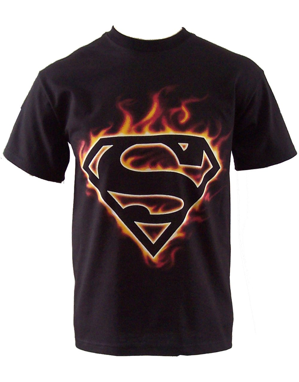 Flames logo graphic on a black adult t-shirt.