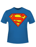 Superman glow logo graphic on a blue adult t-shirt.