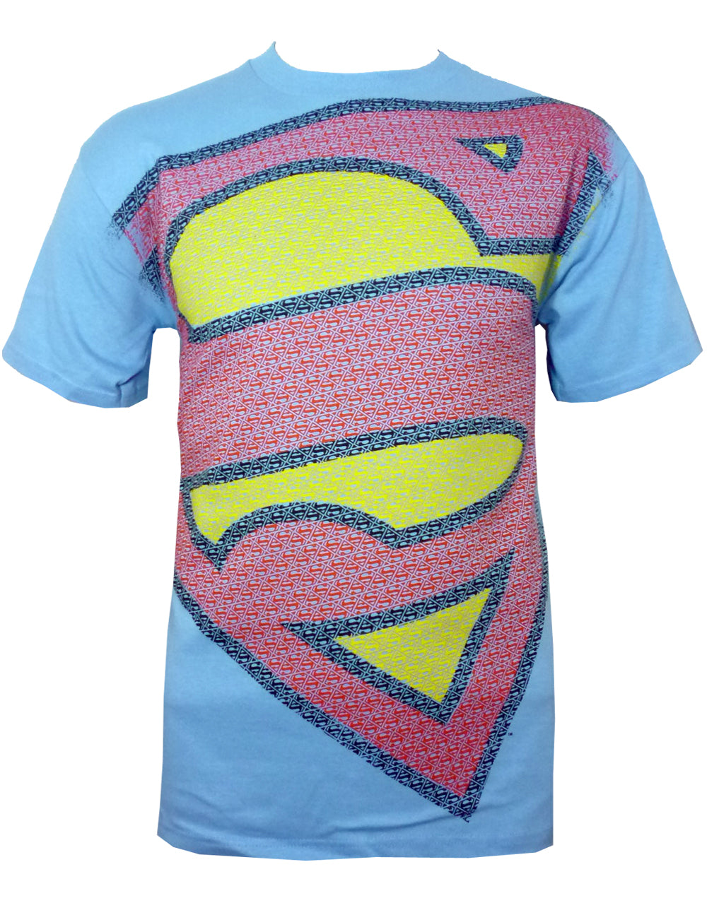 Superman mini logos graphic on a light blue adult t-shirt.