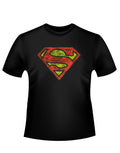 Distressed logo graphic on a black adult t-shirt.