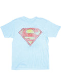 Superman faded distressed logo graphic on a blue adult t-shirt.
