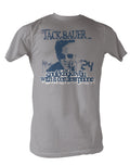 24 Jack Bauer phone graphic on a light grey adult t-shirt.
