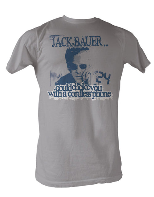 24 Jack Bauer phone graphic on a light grey adult t-shirt.