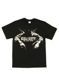 Sitting soldier graphic on a black adult t-shirt.
