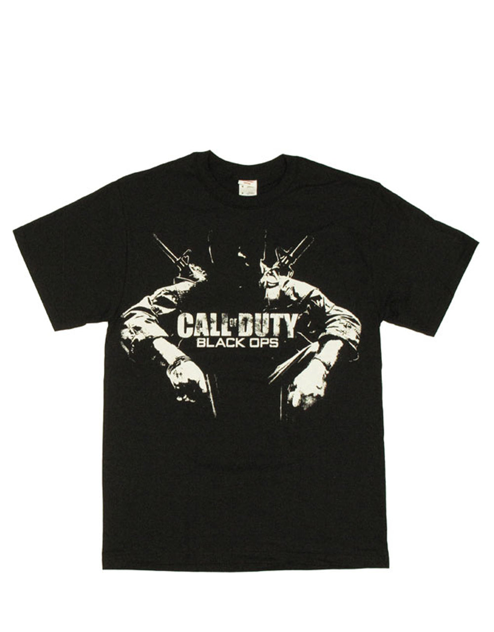 Sitting soldier graphic on a black adult t-shirt.