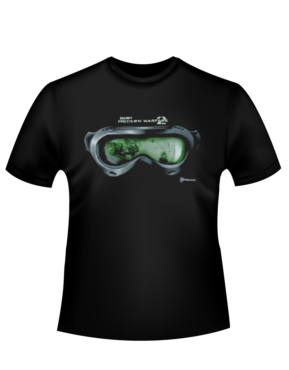 Duty goggles graphic on a black adult t-shirt.