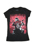Biker graphic on a black women's t-shirt.