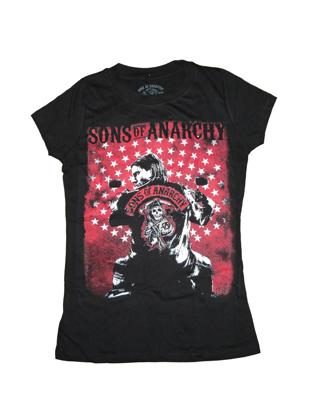 Biker graphic on a black women's t-shirt.