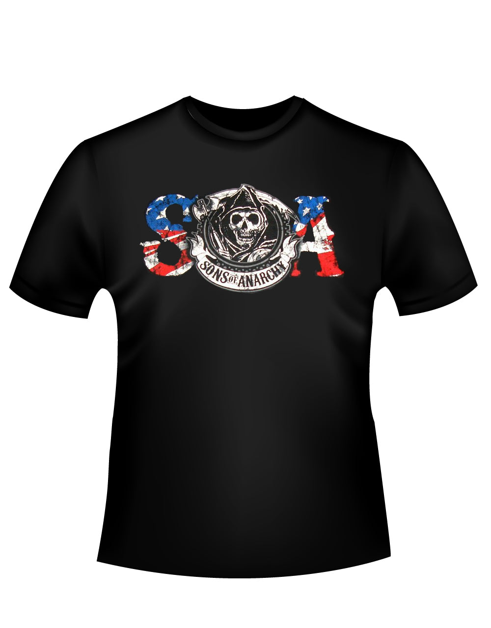 Reaper flag graphic on a black adult t-shirt.