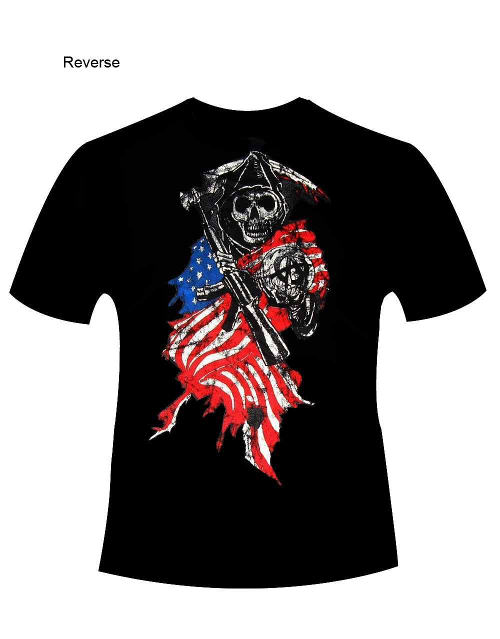 Reaper flag graphic on a black adult t-shirt.