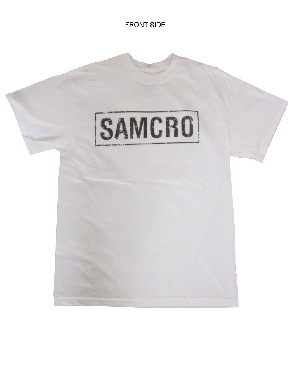 Biker crew graphic on a white adult t-shirt.