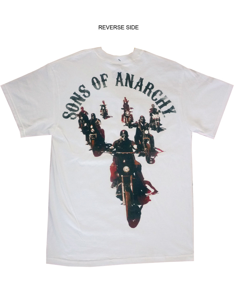 Biker crew graphic on a white adult t-shirt.
