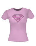 Supergirl glitter graphic on a pink women's t-shirt.