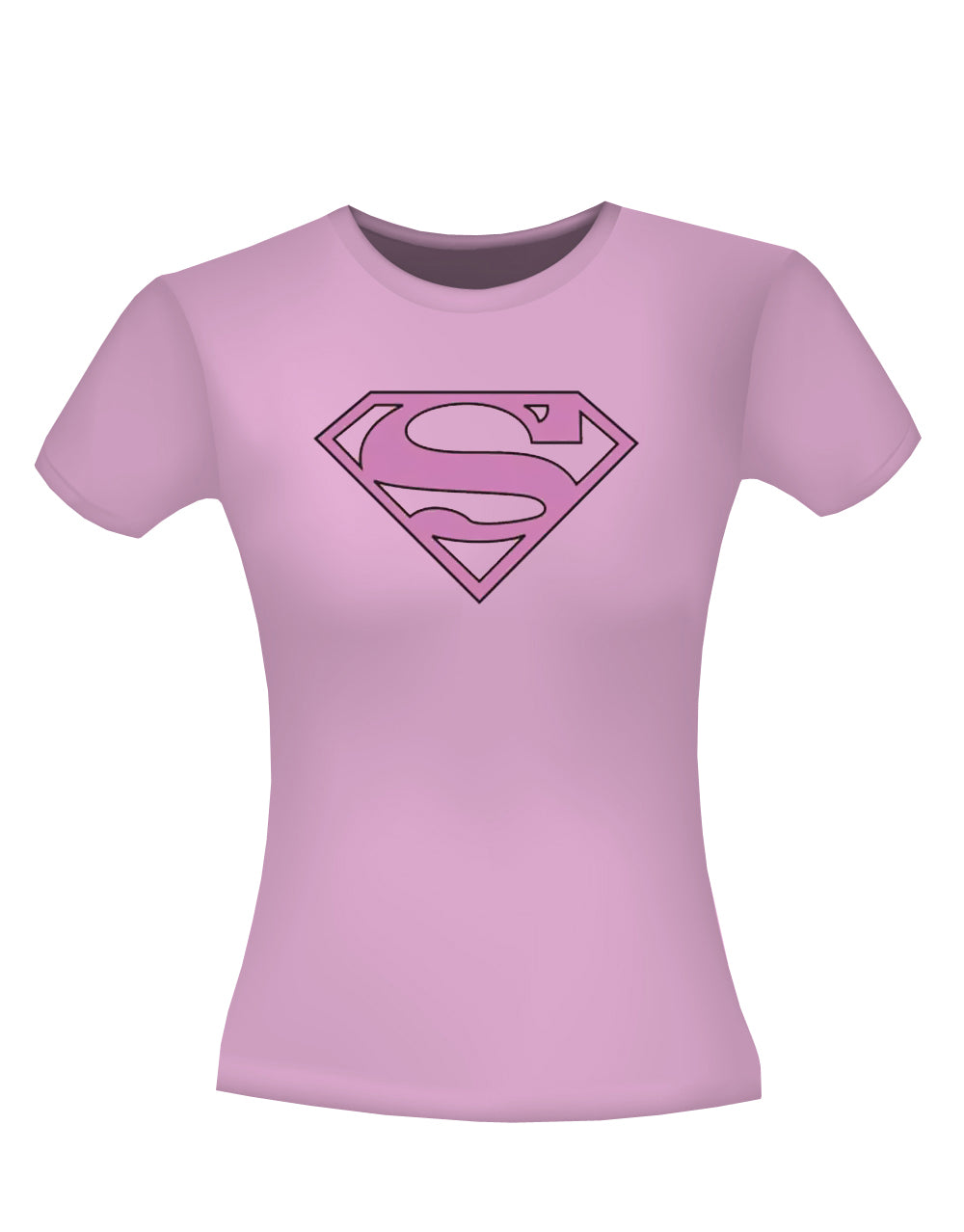 Supergirl glitter graphic on a pink women's t-shirt.