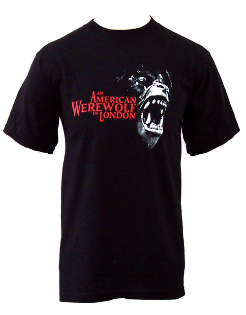 An American Werewolf in London beware the moon graphic on a black adult t-shirt.