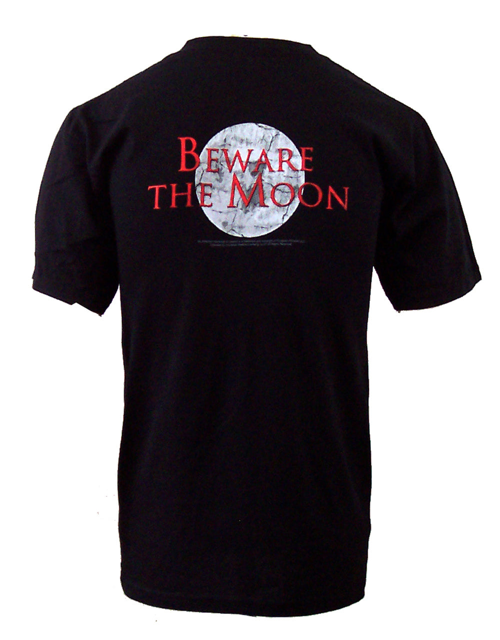 An American Werewolf in London beware the moon graphic on a black adult t-shirt.