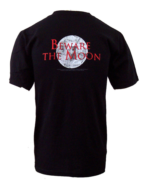 An American Werewolf in London beware the moon graphic on a black adult t-shirt.